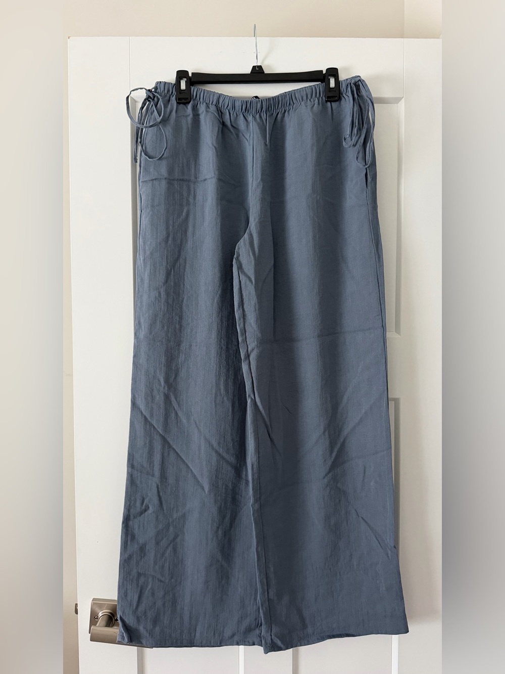 Zara Blue Linen Blend Wide Leg Drawstring Pants - Size M